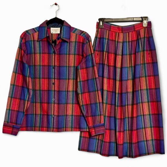 Vintage 70s Pendleton Wool Plaid Shirt Skirt 2pc Set Cottagecore Fall Outfit S-M - Picture 1 of 15